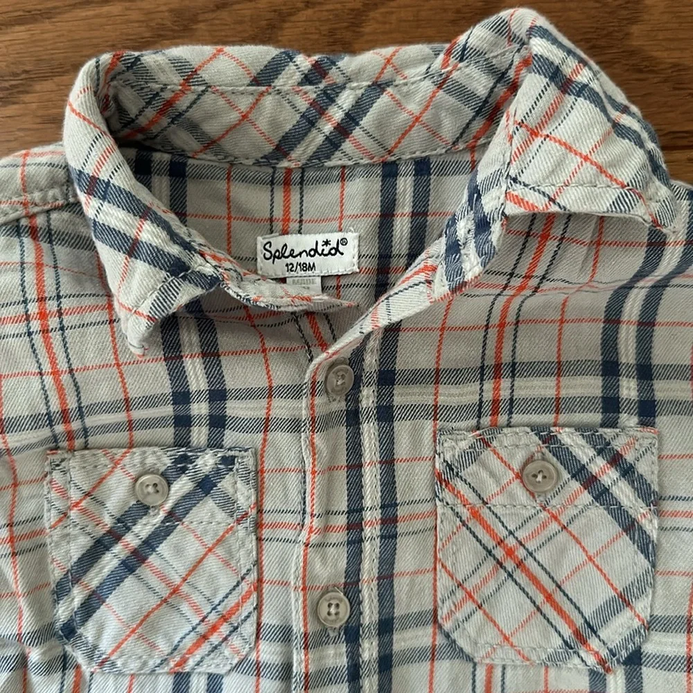 👶🏻 SPLENDID BABY Boys Button Down Shirt 12-18 months tan red blue euc